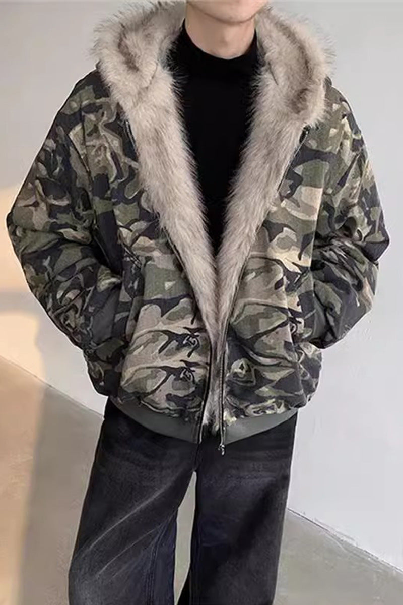 Camouflage Fur Collar Hood Jacket
